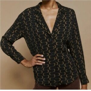 Reformation Toby Top Sz S Black Brown Long Sleeve Shirt Collared Retro Twee Rave